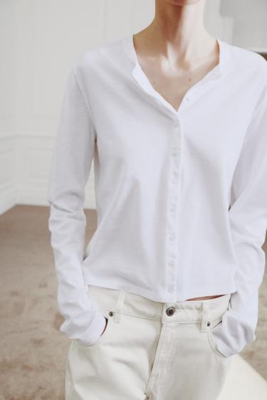 Zara 100% COTTON BUTTON T-SHIRT - White
