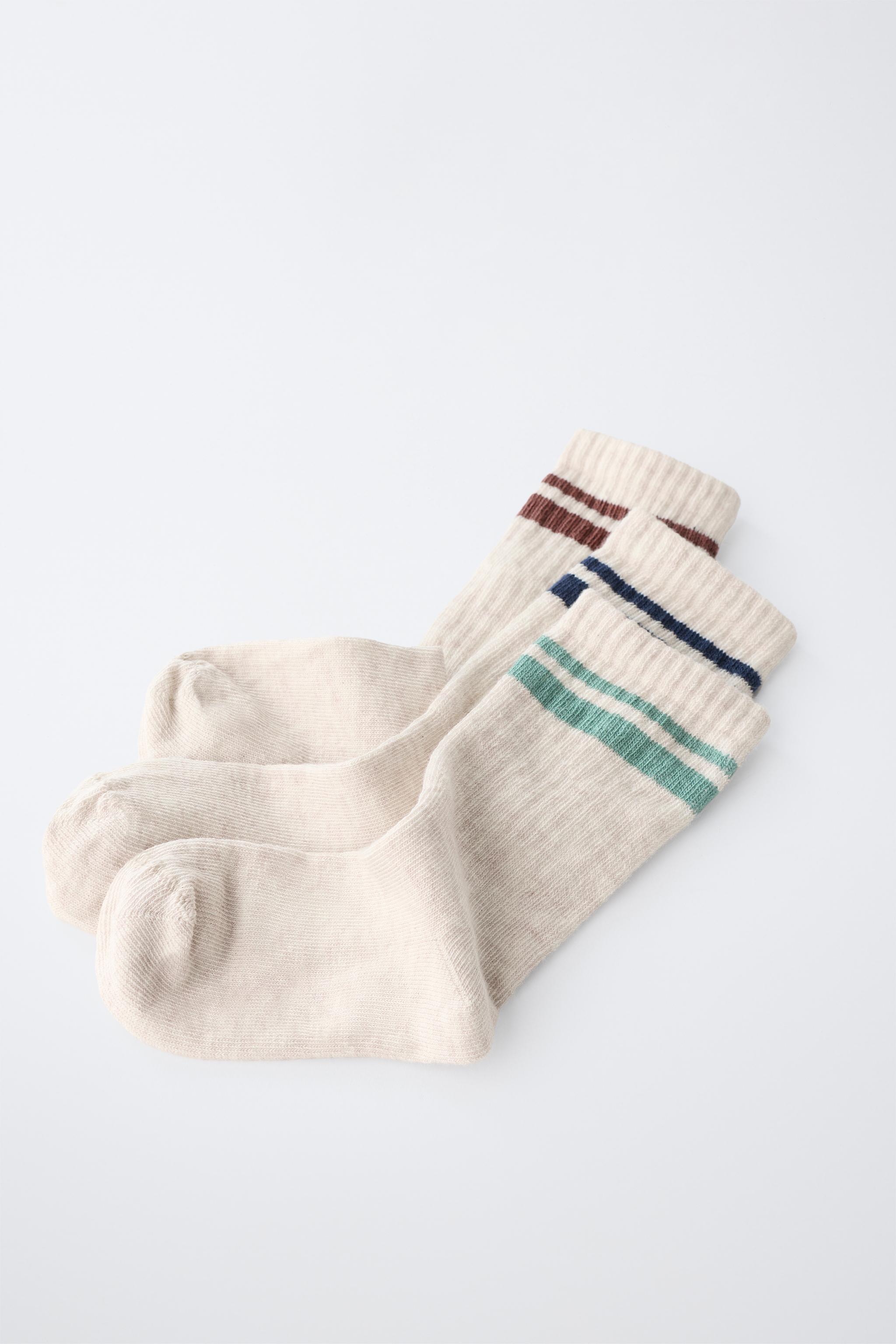 THREE-PACK SPORTY STRIPE MID-CALF SOCKS — Beige marl