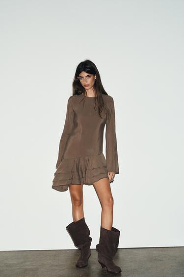 FLOWING SHORT DRESS WITH RUFFLES - Chocolate by Zara