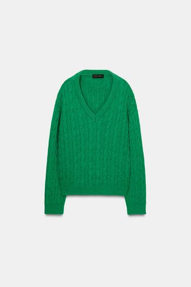 PULL EN V EN MAILLE À TORSADES - Vert de Zara - Image 4
