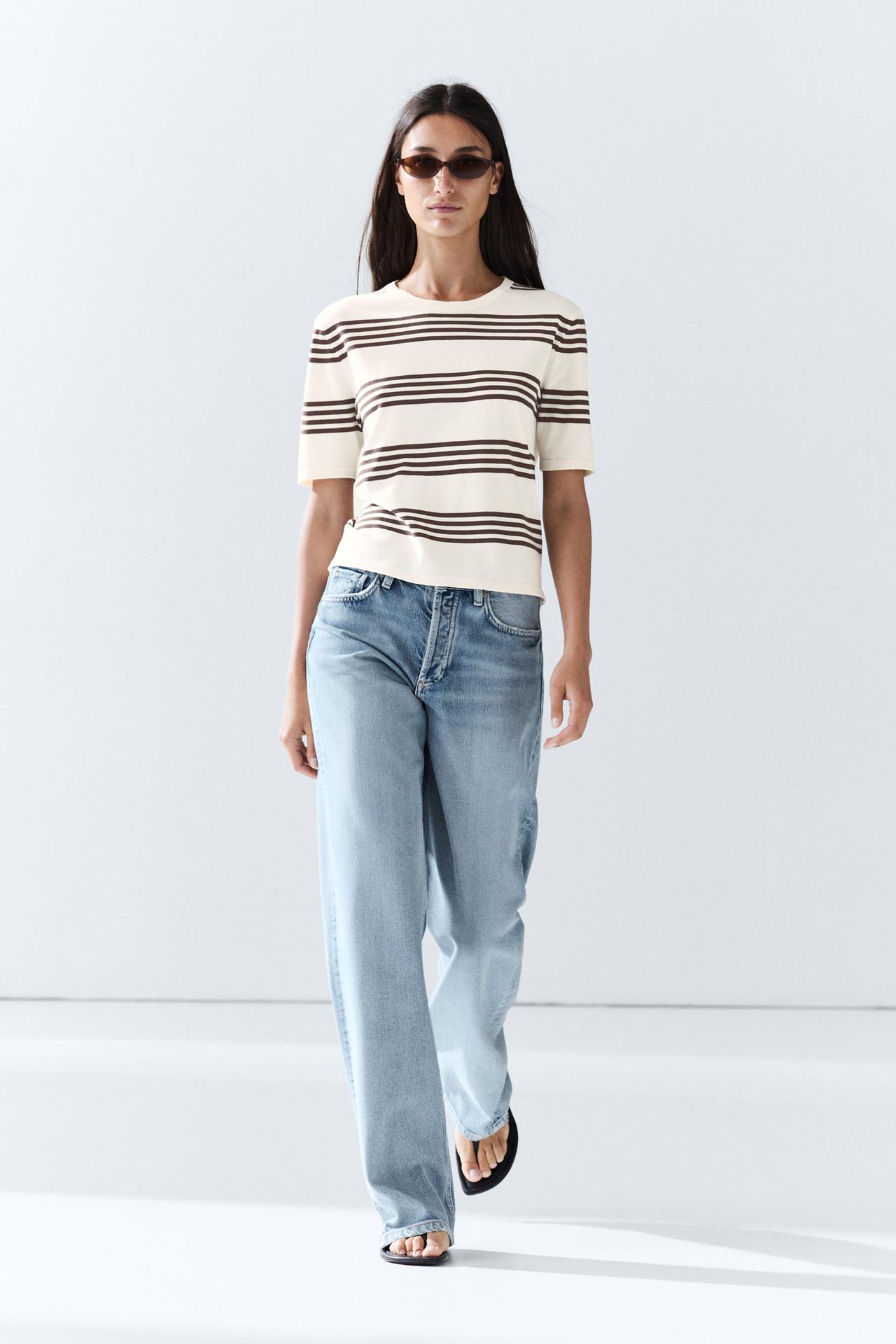Striped short sleeve knit sweater — Brown