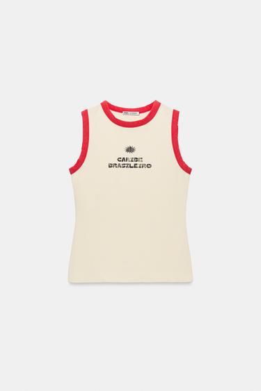 KOSZULKA Z LAMOWANIEM I NAPISEM - Złamana biel Zara