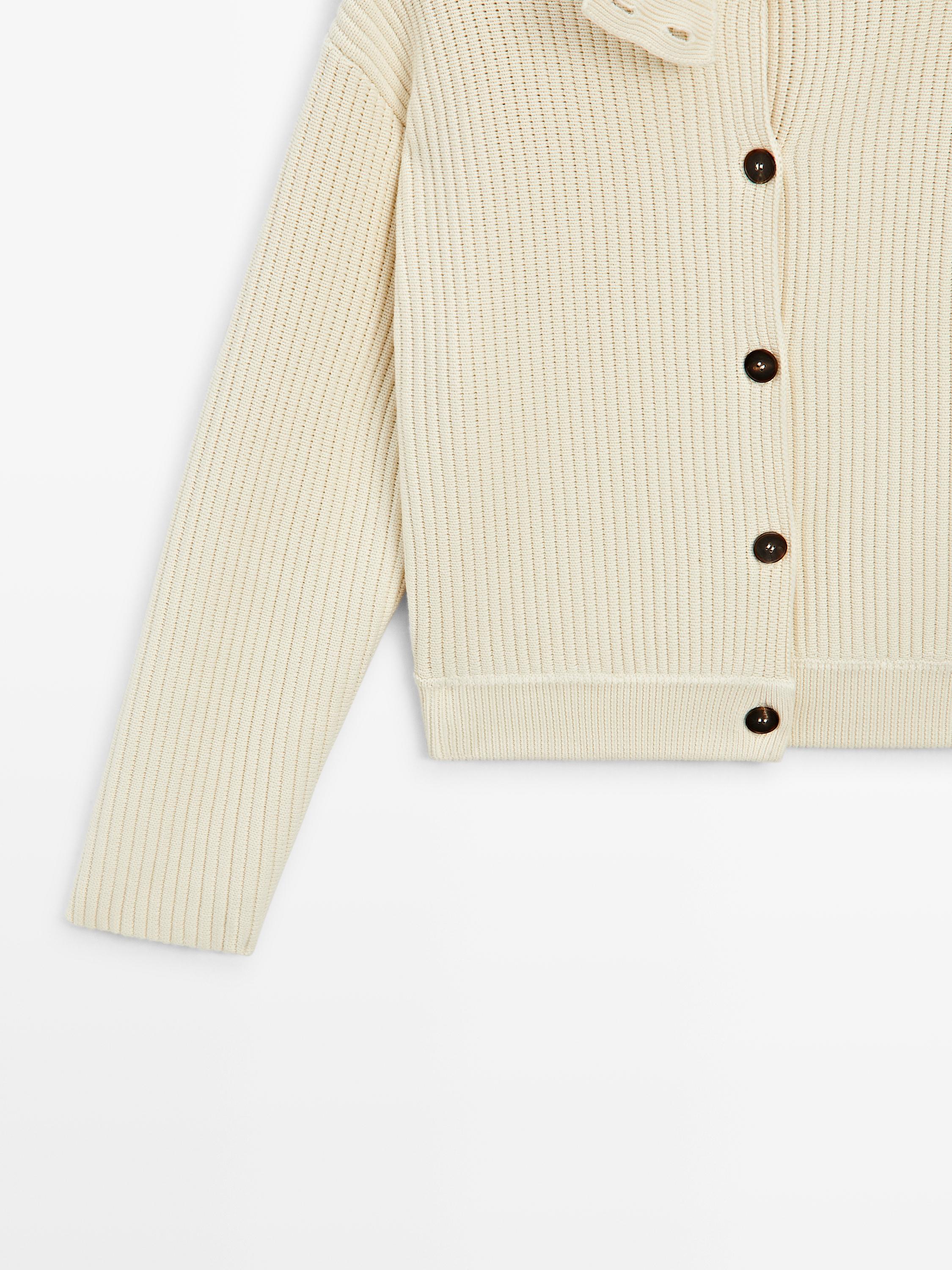 Cotton high neck knit cardigan
