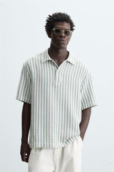 HERRINGBONE TEXTURED POLO SHIRT - Green / Blue by Zara