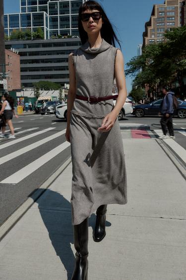 Zara TEXTURED BELTED MIDI DRESS - Sand