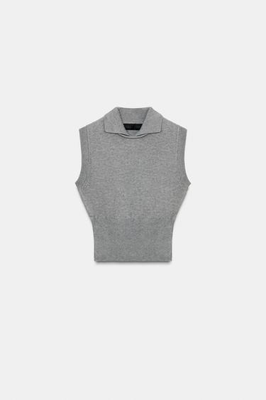 Zara KNIT POLO COLLAR VEST TOP - Light gray