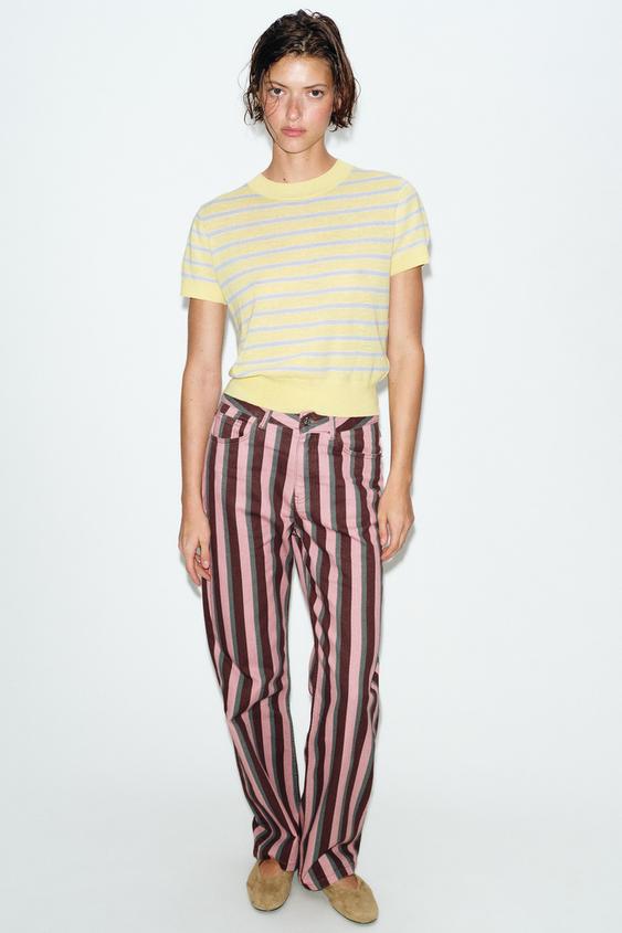 STRIPED SHORT SLEEVE KNIT SWEATER