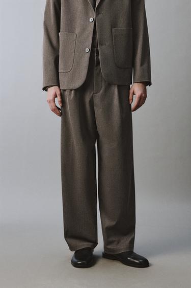 Zara RELAXED FIT TEXTURED SUIT WIDE-LEG PANTS - Brown / Taupe
