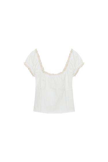 LACE-TRIMMED GINGHAM TOP - Ecru / Beige by Zara