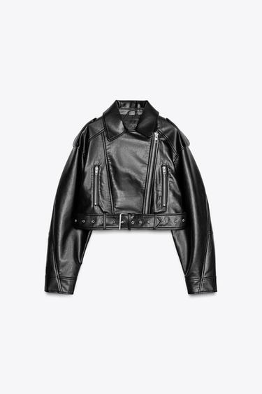 CAZADORA BIKER CROP EFECTO PIEL - Negro de Zara - Imagen 0