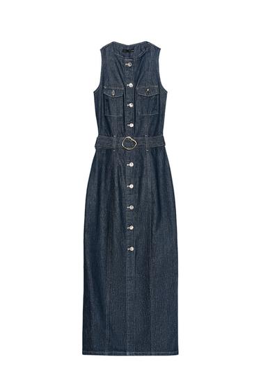 Front view of a sleeveless blue dress, featuring front patch pockets, a matching belt, and a button-down front fastening.