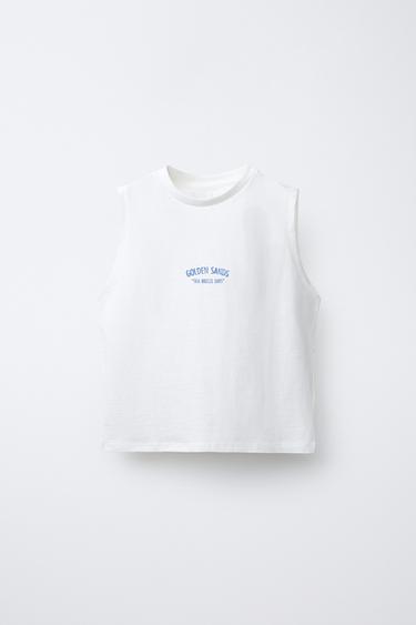 Zara TEXT SLEEVELESS T-SHIRT - Ecru - Image 0