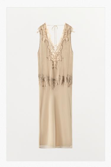 VESTITO MIDI PIEGHE PIZZO - Beige mélange di Zara