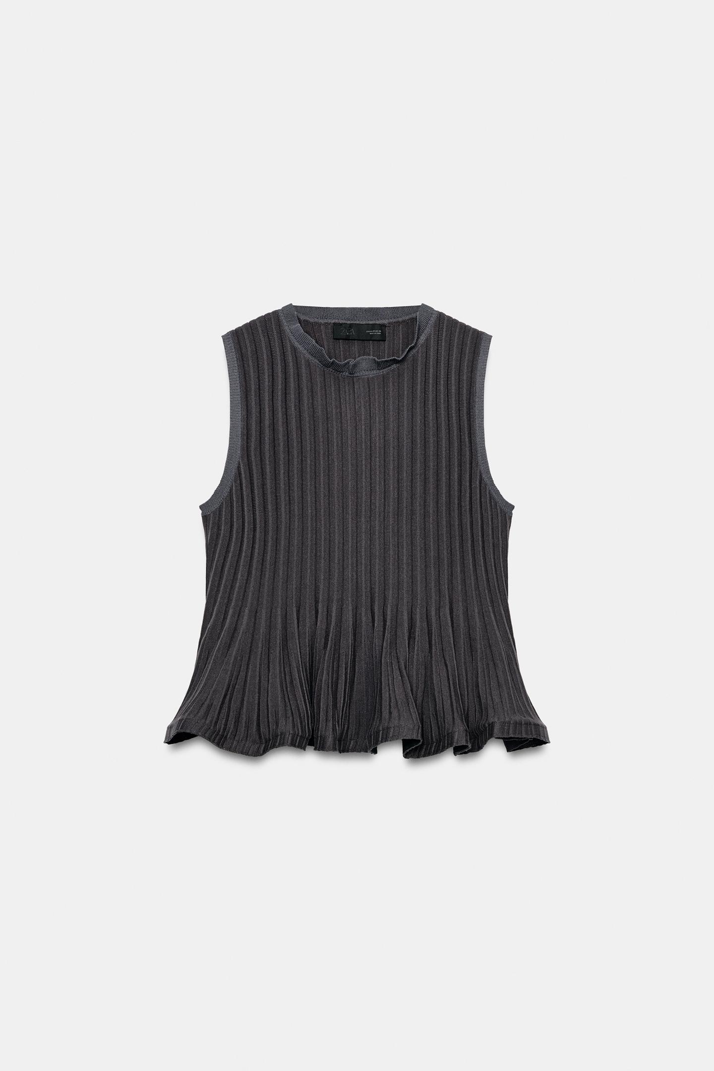 Женский топ Zara Ribbed Tank Top with Wavy Hem, цвет: Антрацитовый серый — фото 5