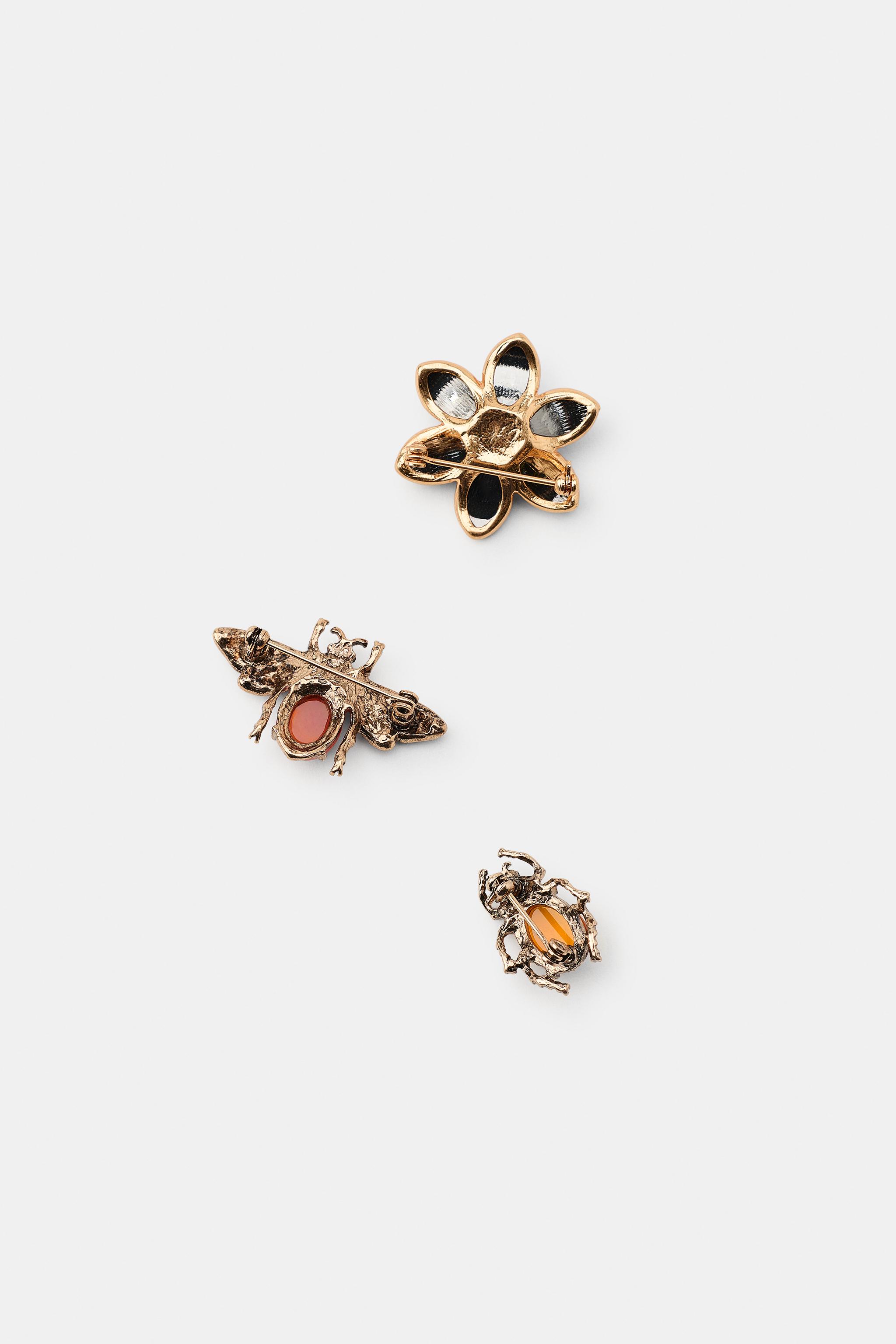 LOT DE 3 BROCHES MÉTALLIQUES FLEUR INSECTES
