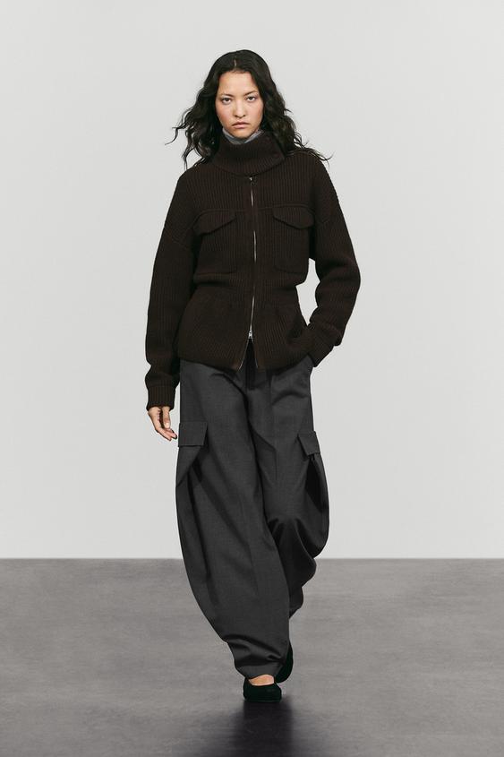 Zara Mixed-Knit Suede Pocket Cardigan - Brown - Image 0