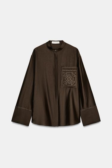 EMBROIDERED POCKET SHIRT ZW COLLECTION - Brown by Zara - Image 4