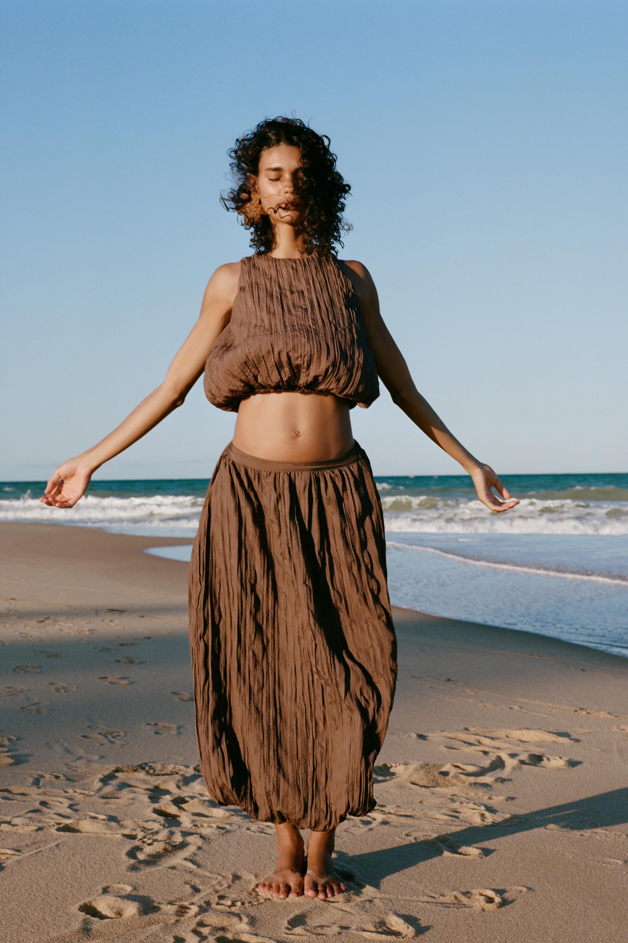 WRINKLED EFFECT BALLOON MIDI SKIRT - Brown | ZARA United States