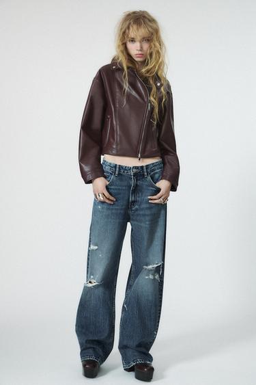 LEATHER EFFECT CROPPED BIKER JACKET - Burgundy by Zara - Image 0