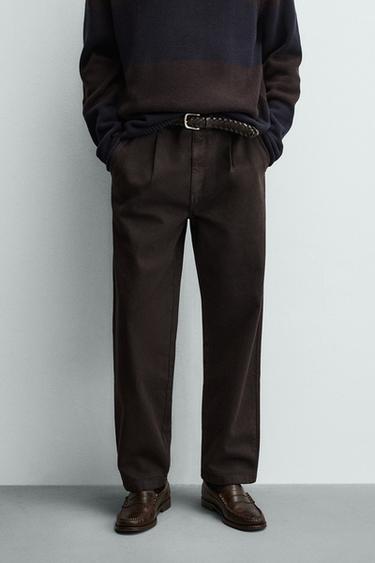 Zara PLEATED STRAIGHT FIT PANTS - Brown