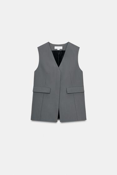 CHALECO LARGO CRUZADO - Gris de Zara