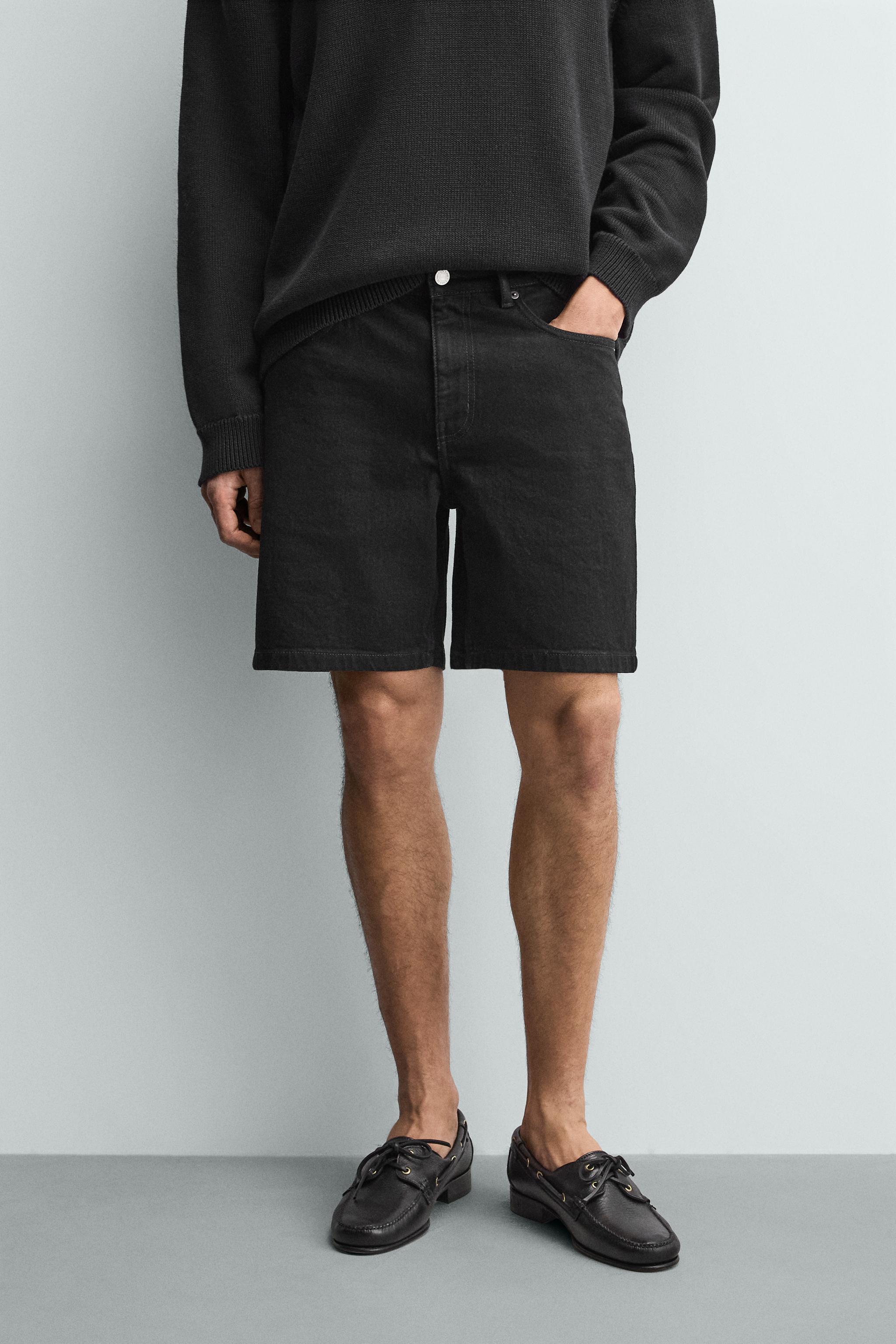 REGULAR FIT DENIM SHORTS — Black