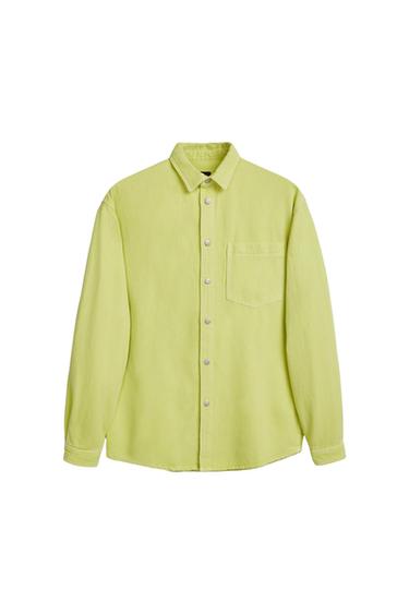 Lime green shirt with front buttons and a chest pocket, on a white background.