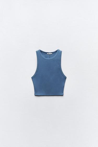 CROPPED RIBBED HALTER TOP - Light blue by Zara