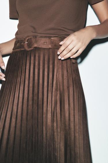 Zara PLEATED FAUX SUEDE MIDI SKIRT - Brown