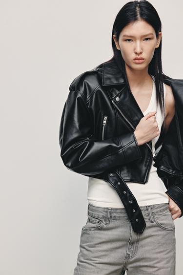 Zara 人造皮短版騎士外套 - 黑色