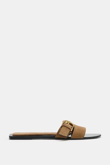 BUCKLED SPLIT SUEDE SANDALS - Dark tan by Zara
