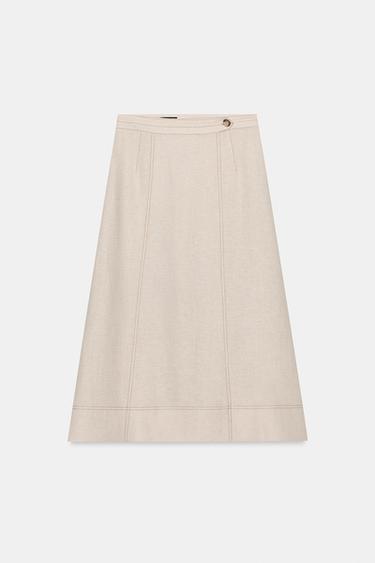 JUPE CROISÉE EN LIN À SURPIQÛRES - Beige clair de Zara