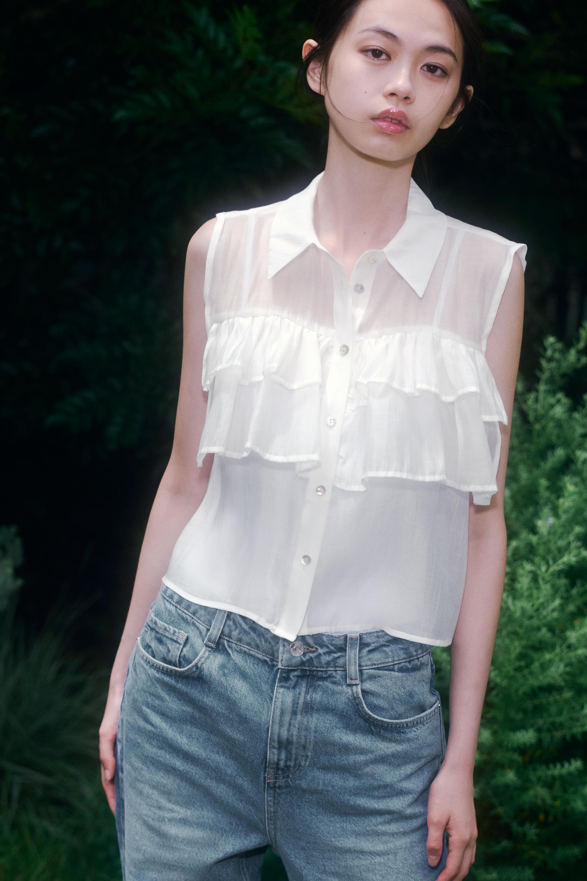 ZARA フリルレーストップス 0085/343 LACE RUFFLE TOP - White | ZARA United States