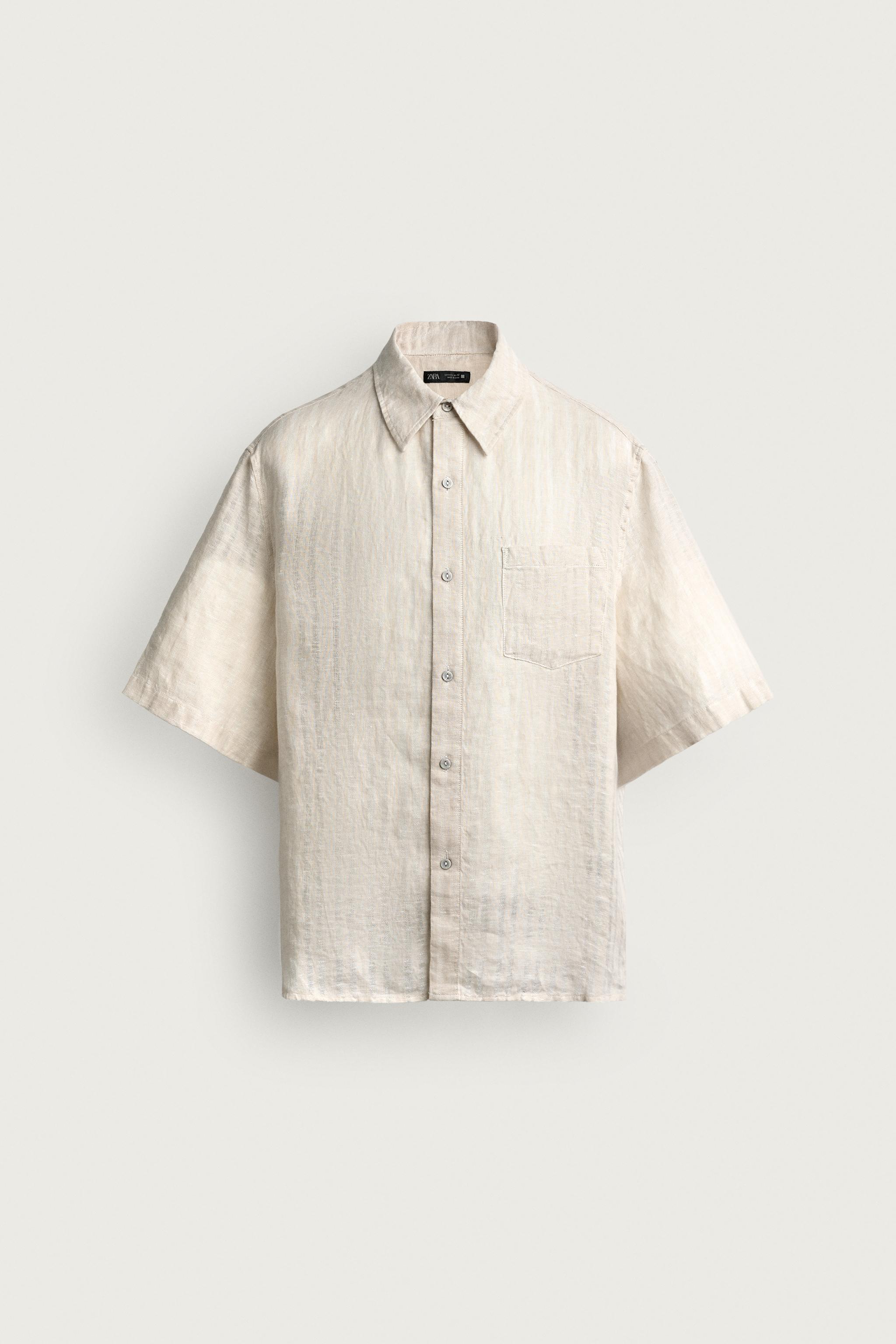 100% LINEN STRIPED JACQUARD SHIRT — Beige