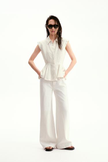 Zara ZW COLLECTION 條紋傘襬襯衫 - 裸色