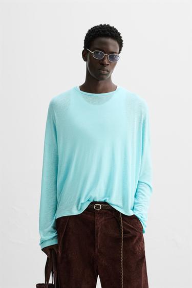 VISCOSE - LINEN T-SHIRT - Turquoise by Zara
