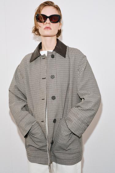 HOUNDSTOOTH JACKET WITH LEATHER EFFECT TRIMS - Black / Ecru by Zara