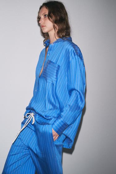 Zara ZW COLLECTION OVERSIZED STRIPED SHIRT - Blue / White