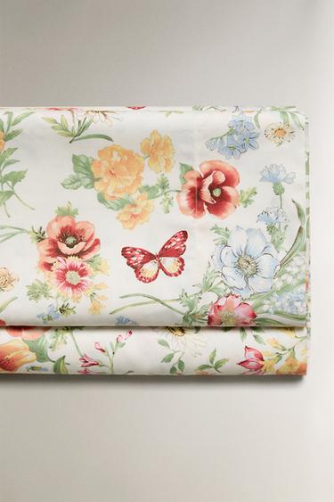 SATIN FLAT SHEET WITH FLORAL PRINT - Oyster-white by Zara - Image 0