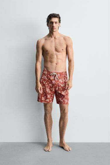 BAÑADOR LARGO ESTAMPADO FLORAL - Rojo claro de Zara - Imagen 0