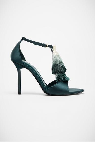 SANDALIA TACÓN BORLAS - Azul Turquesa de Zara