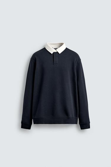 Zara CONTRAST COLLAR POLO SWEATSHIRT - Navy blue