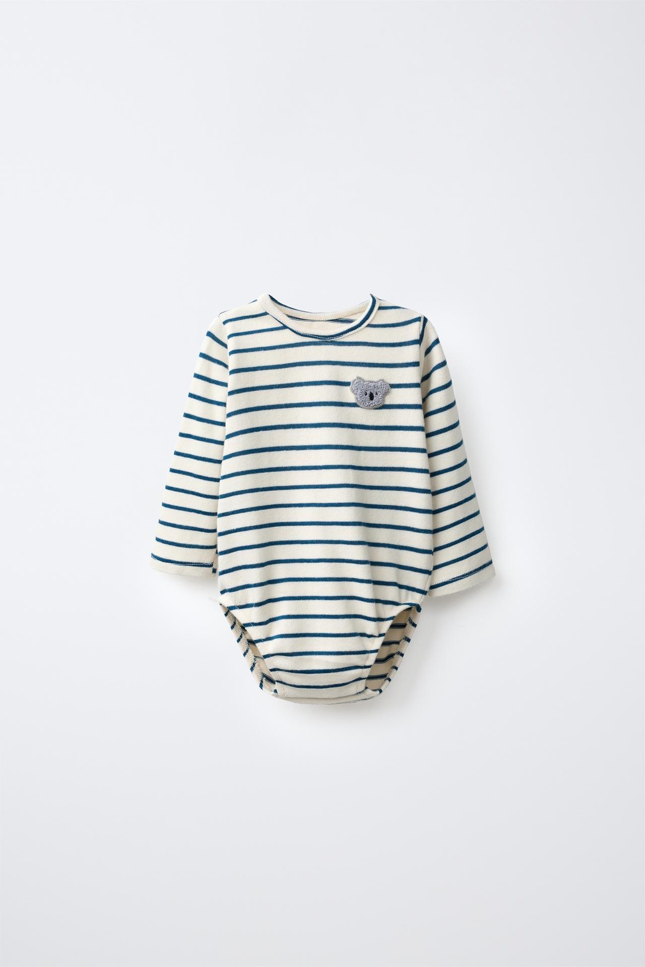 STRIPED BODYSUIT WITH KOALA EMBROIDERY — Ecru