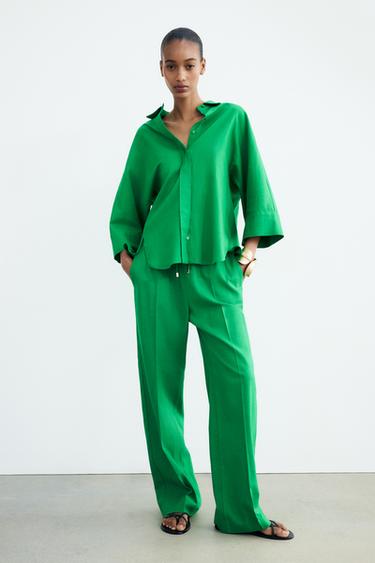 БРЮКИ ПРЯМОГО КРОЯ ИЗ СМЕСОВОГО ЛЬНА — ЗЕЛЕНЫЙ от Zara — изображение 0