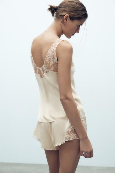 Zara LACE TRIM PAJAMA SHORTS - Oyster-white