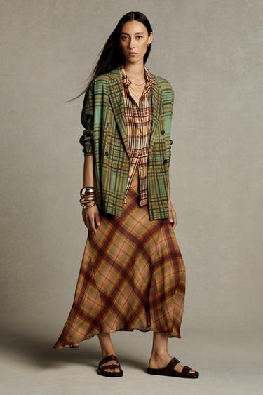 Zara ZW COLLECTION FLOWY PLAID BLAZER - Green