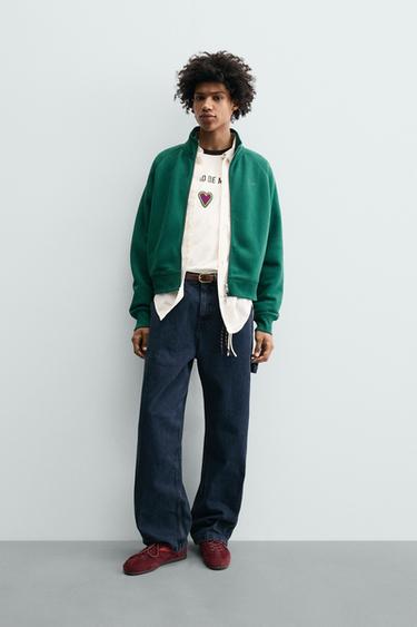 MOLETOM BORDADO COM ZÍPER - Verde da Zara - Imagem 0