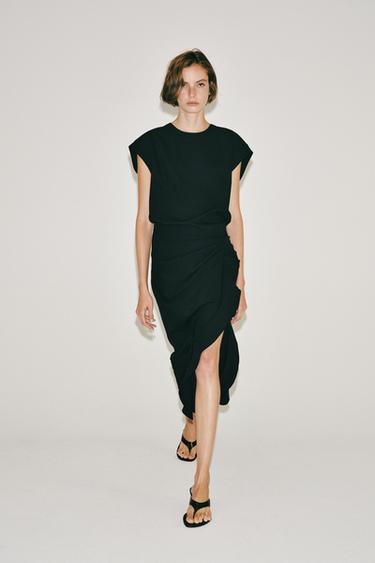 Zara ZW COLLECTION 垂褶中長版洋裝 - 黑色