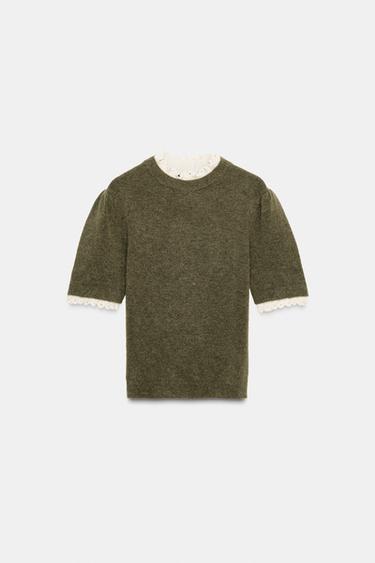 PULL AVEC LAINE ET ALPAGA COMBINÉ POINTELLE - Vert / Écru de Zara - Image 2