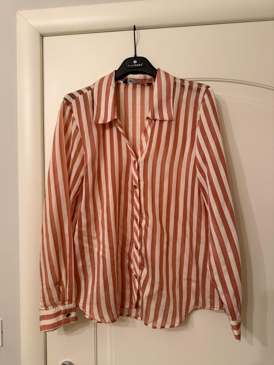 Brown and white striped shirt hanging on a black hanger over a white door.